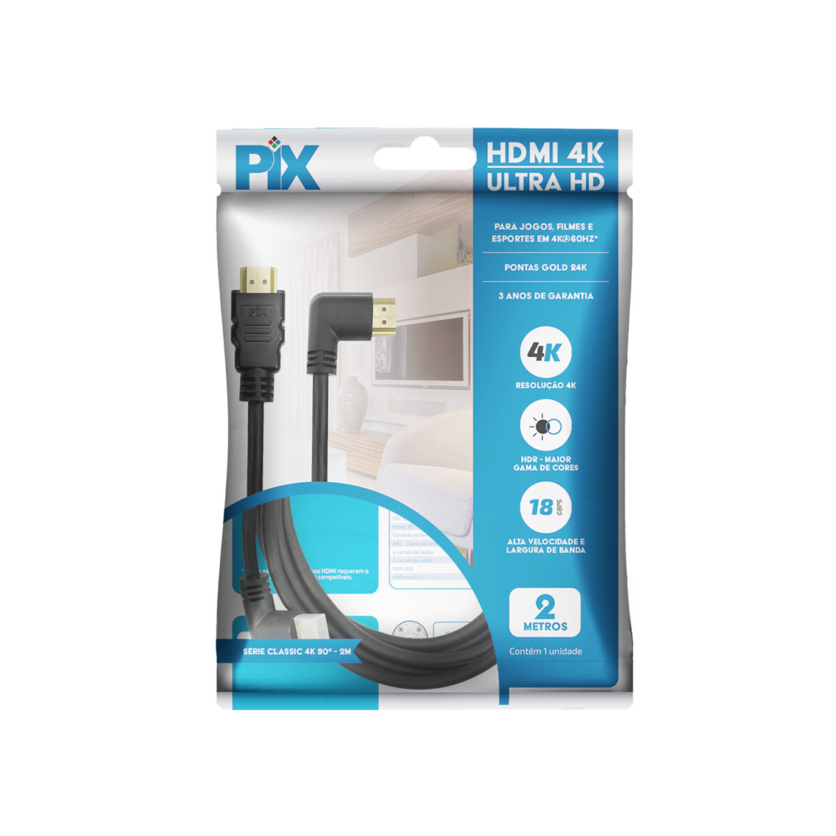 Cabo HDMI 2.0 2 Metros 4K HDR 19 Pinos Plug 90 Graus 30AWG 21:9 - Pix - Imagem 3