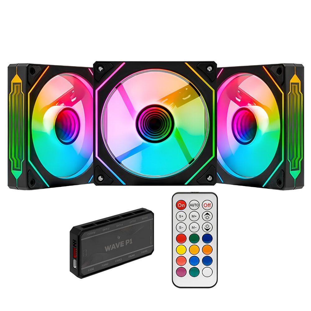 45147b566a633056cba3fde2da0cf79d.jpg Kit 3 Fans Pichau Wave P1 ARGB 120mm Com Controladora Preto - PG-WPRGB-BK01 - Imagem 1