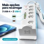 Filtro De Linha 5 Tomadas 2 USB-C e 3 USB-A Carregamento Wireless Branco - ST-1013-B - Imagem 3