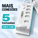 Filtro De Linha 5 Tomadas 2 USB-C e 3 USB-A Carregamento Wireless Branco - ST-1013-B - Imagem 7