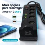 Filtro De Linha 5 Tomadas 2 USB-C e 3 USB-A Carregamento Wireless PD Preto - ST-1013-A - Imagem 2