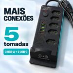 Filtro De Linha 5 Tomadas 2 USB-C e 3 USB-A Carregamento Wireless PD Preto - ST-1013-A - Imagem 5